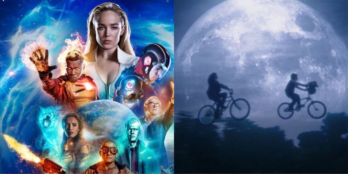 Legends of tomorrow split image, season 3 poster and Phone Home moon scene