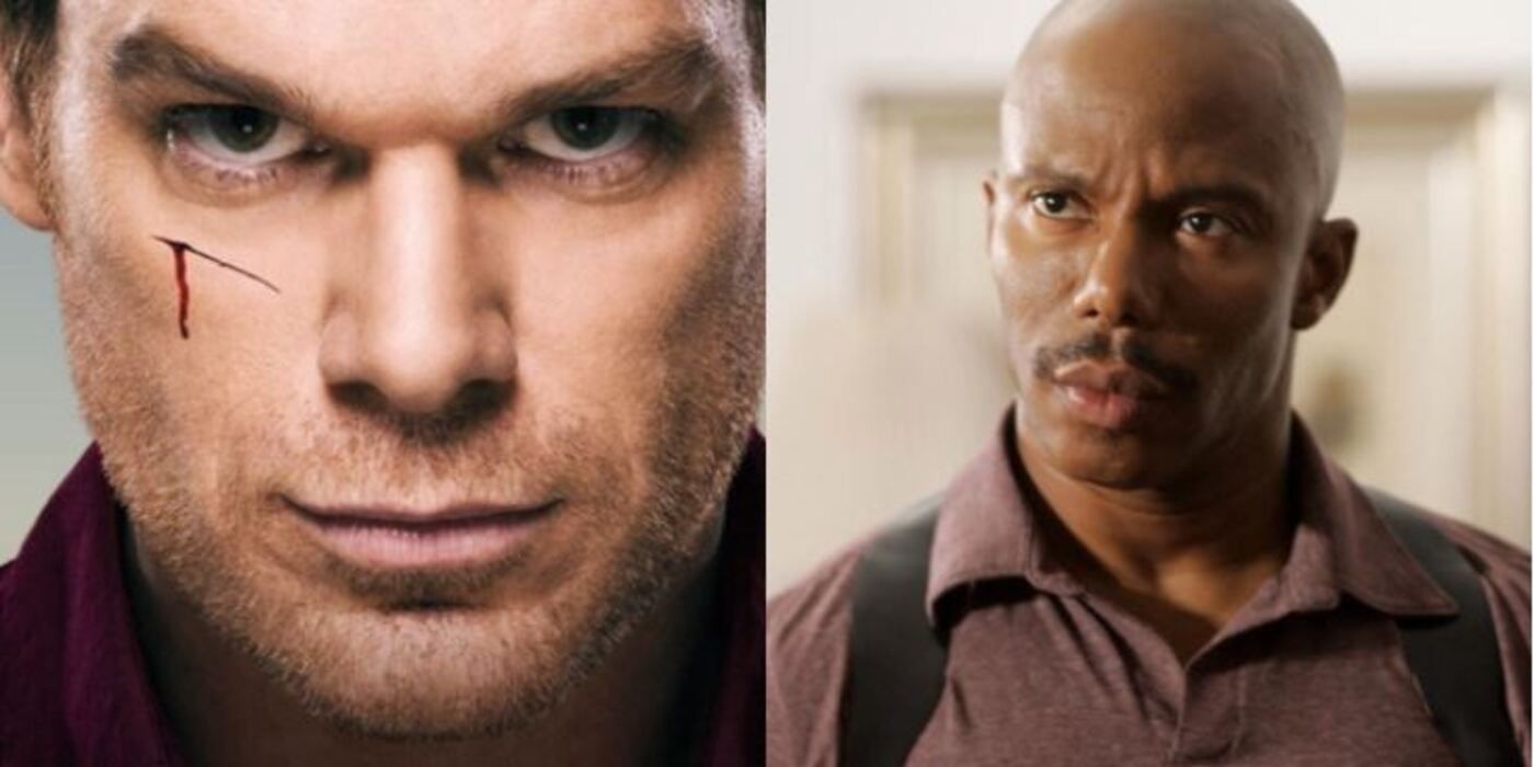 Split image of Dexter with a cut on his cheek and James Doakes looking shocked