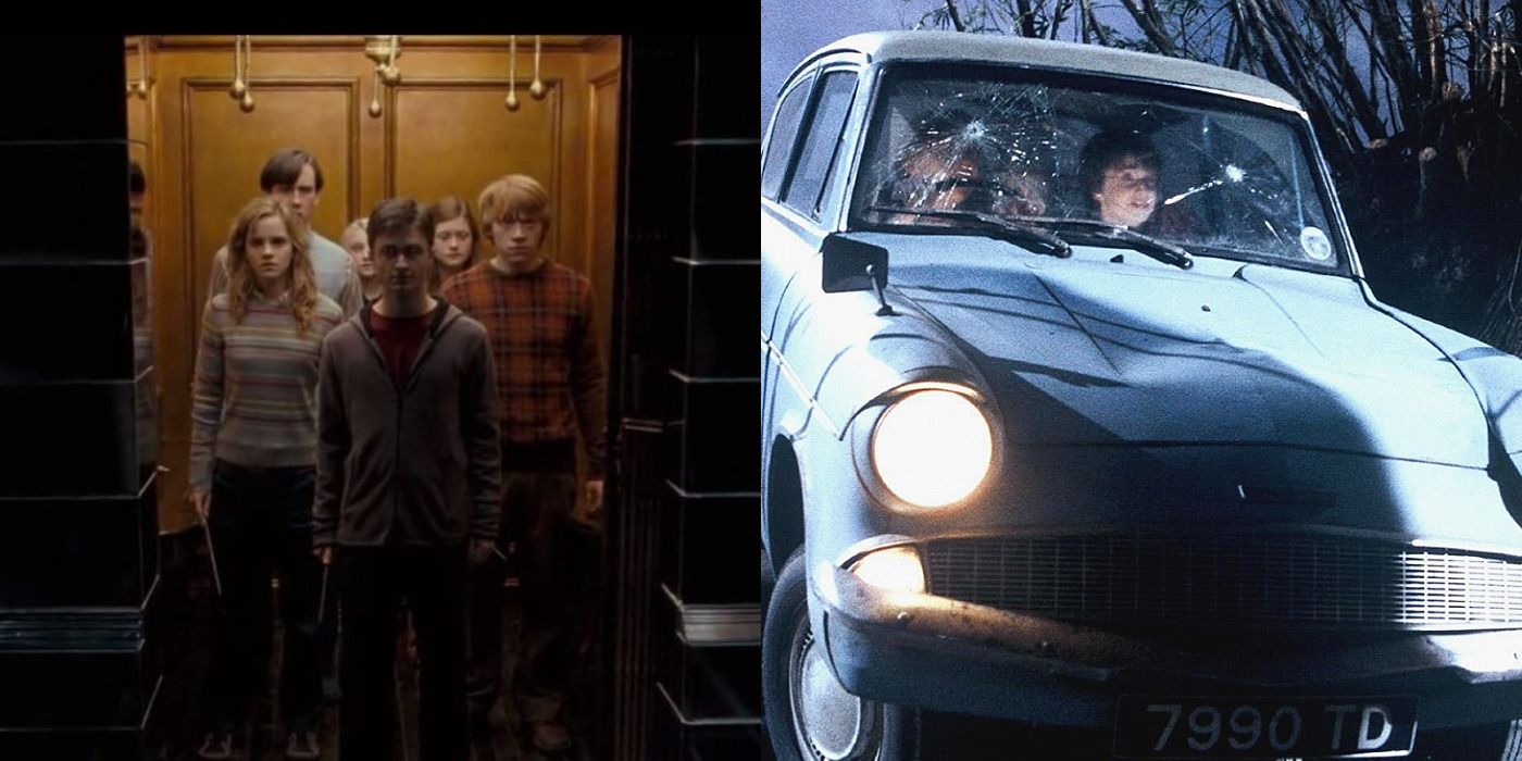 Split image: Harry Potter and his friends stand in an elevator/ Harry and Ron in the flying car