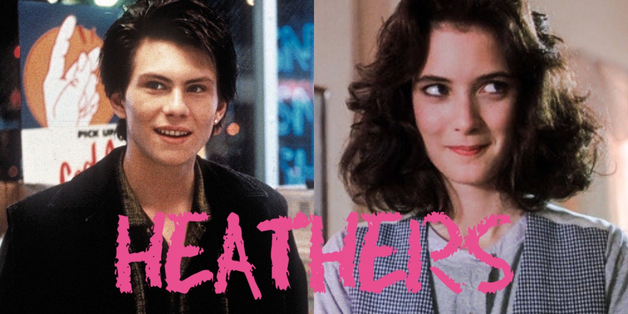 Split image of Christian Slater and Winona Ryder in Heathers with the movie's logo on top