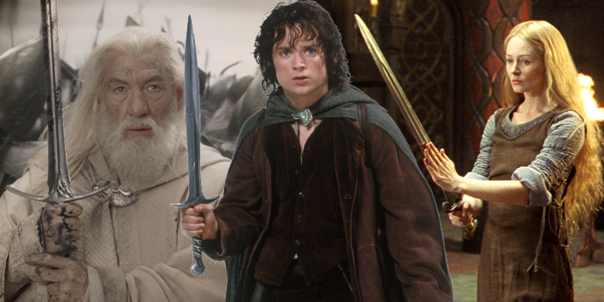 Split image of Gandalf, Frodo and Eowyn from The Lord of the Rings movies