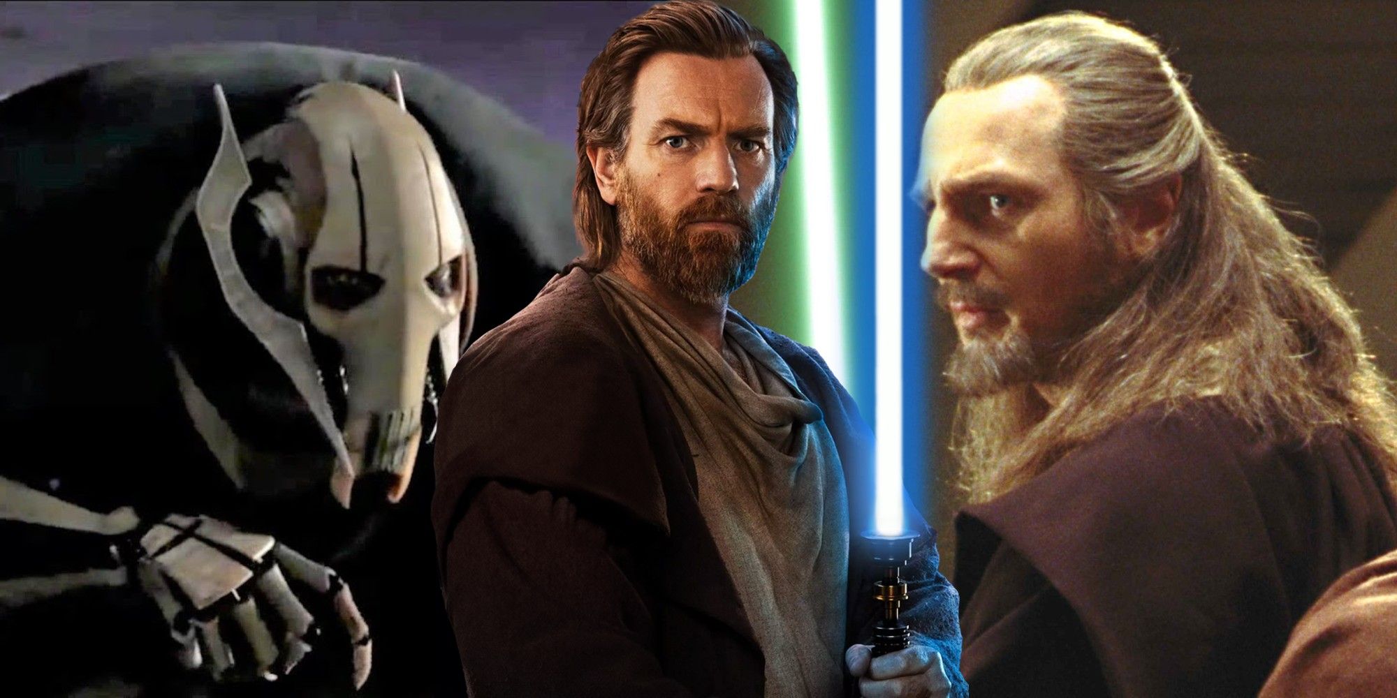 Split image of General Grievous, Obi-Wan Kenobi and Qui-Gon Jinn in Star Wars