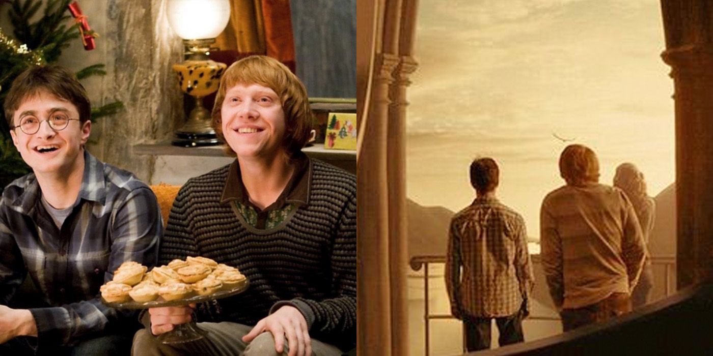 Split image of Ron and Harry at Christmas, and the trio at the tower