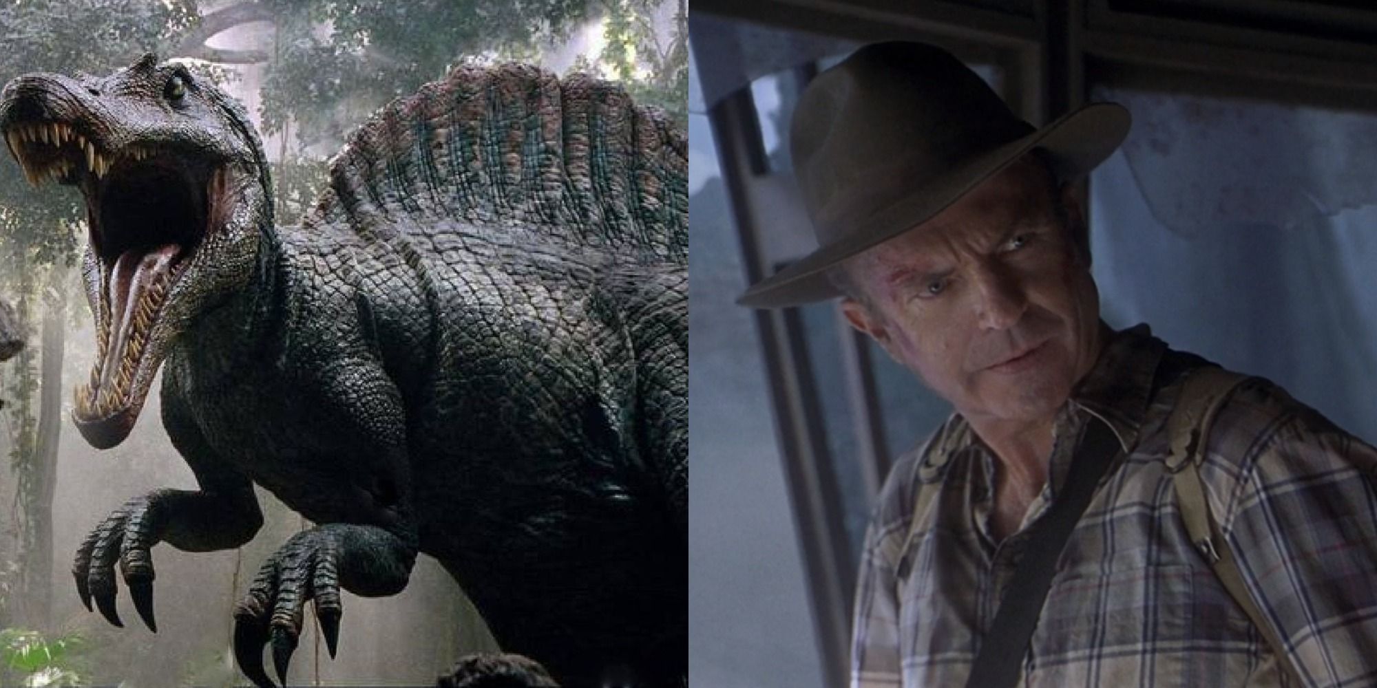 Split image of the Spinosaurus and Alan Grant from Jurassic Park III