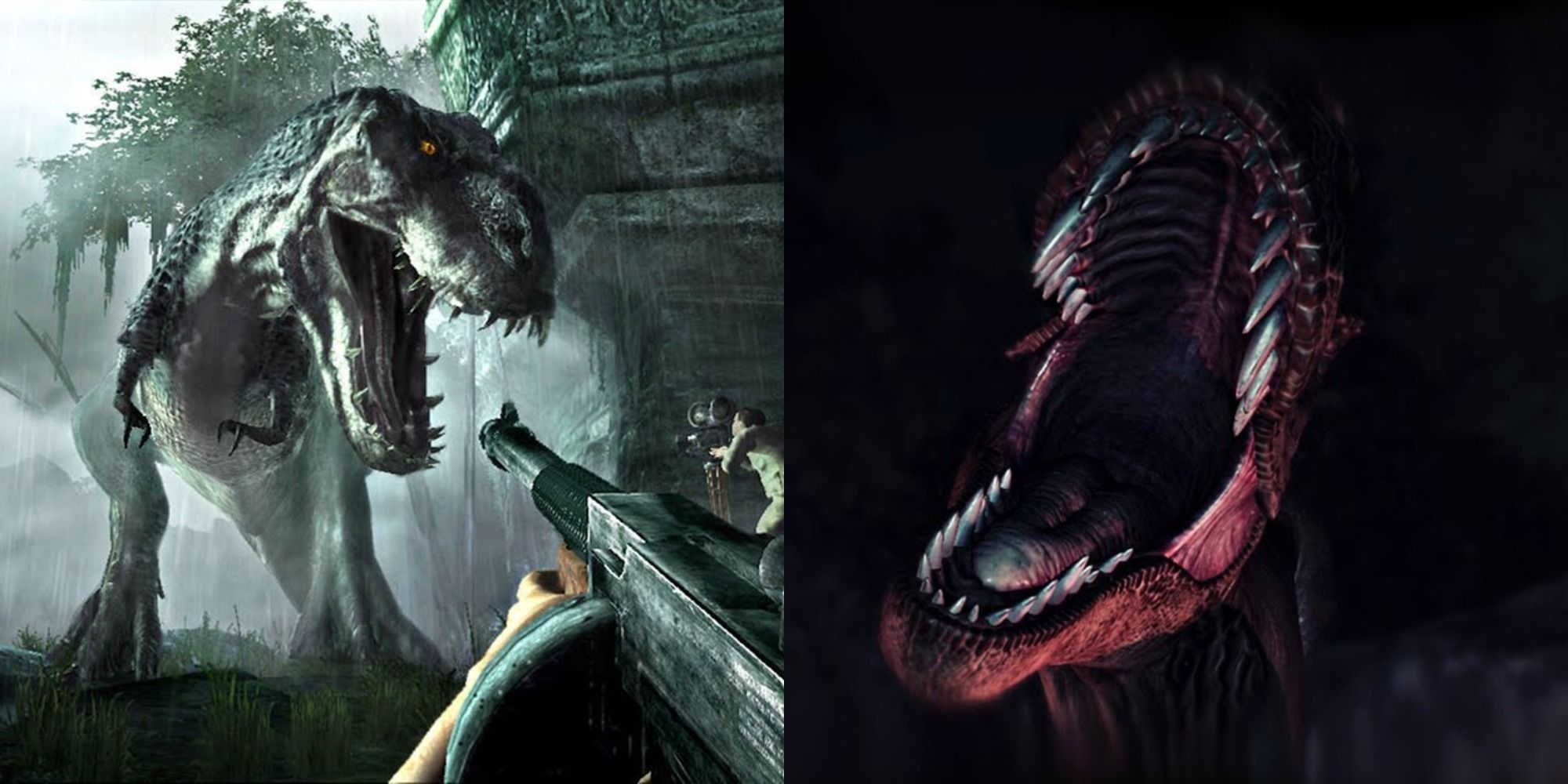 Split image of the V-Rex in King Kong the game and the T-Rex in Oakwood