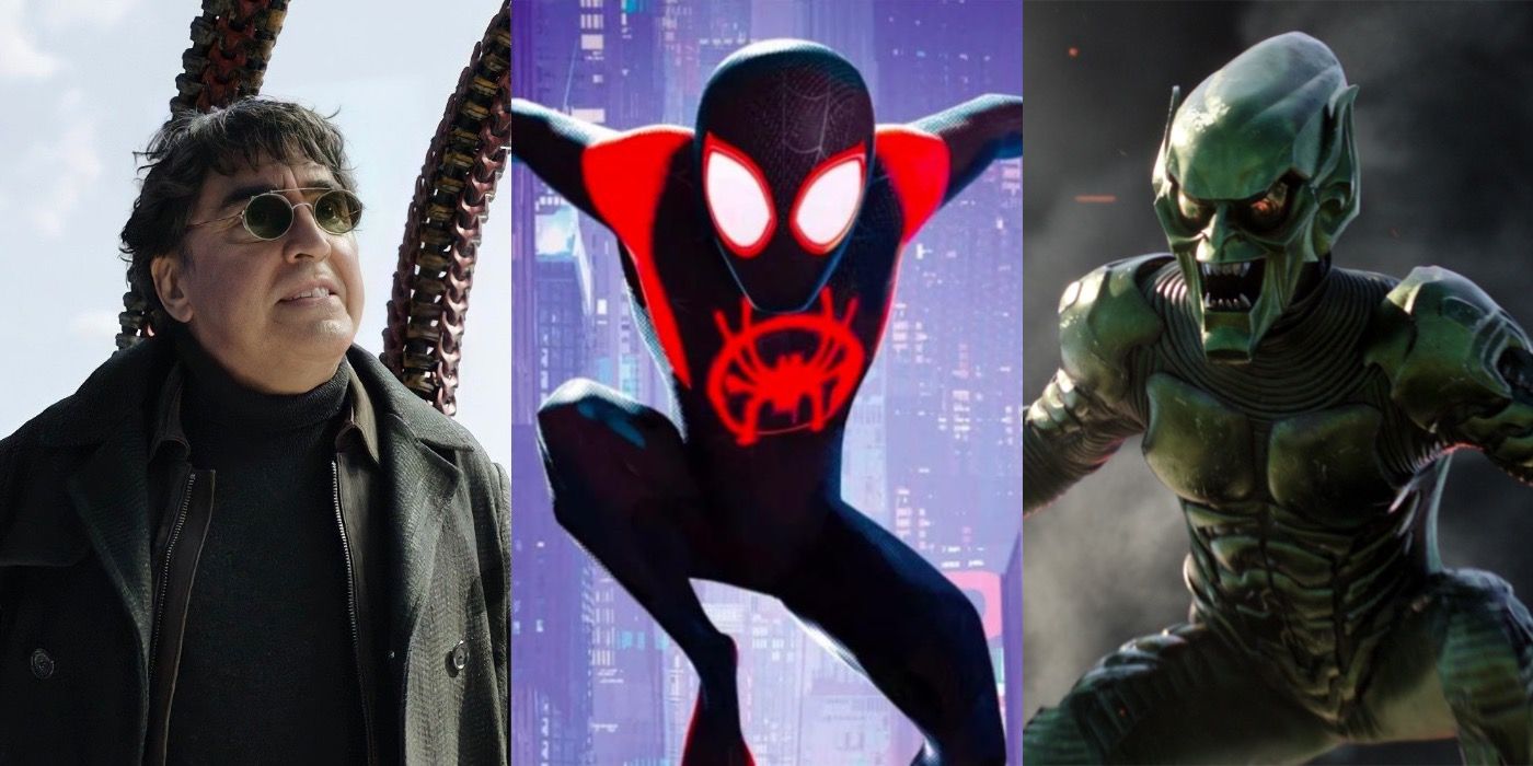 Split image showing Doc Ock, Miles Morales and Green Goblin in Spider-Man movies