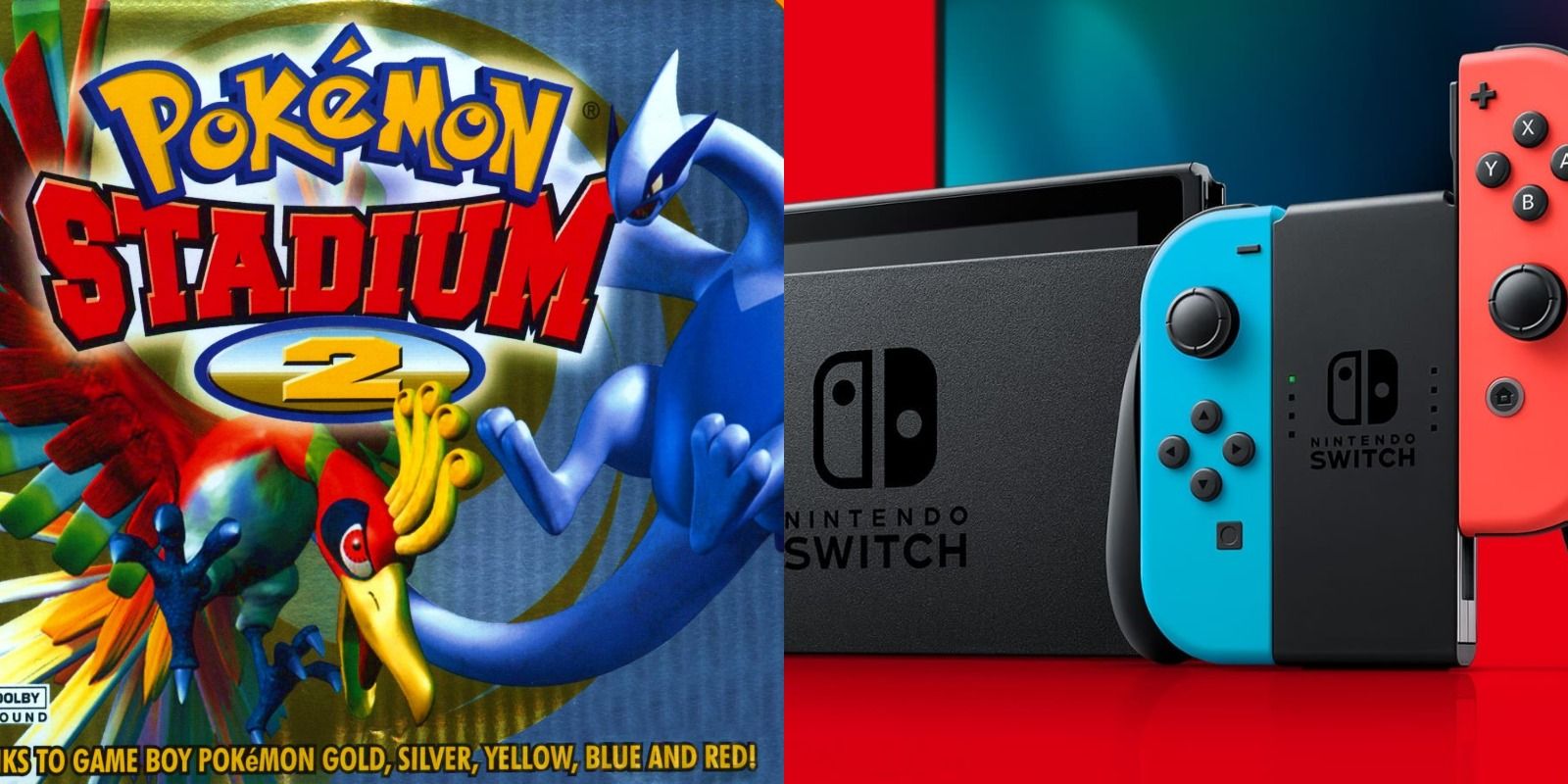 Pokémon Stadium 2 box art and promo shot of the Nintendo Switch