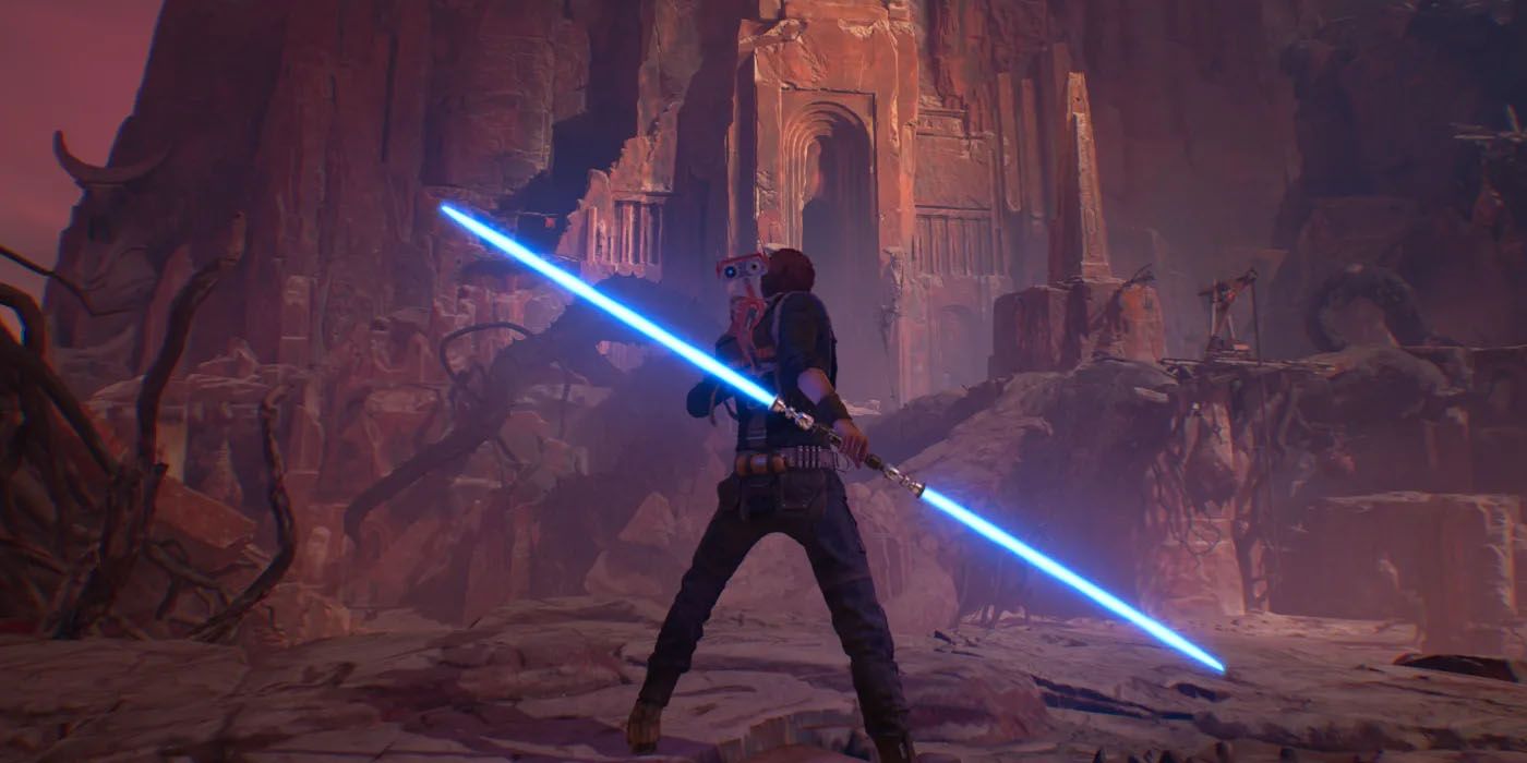 Cal Kestis wielding a double-bladed lightsaber in Star Wars Jedi: Fallen Order