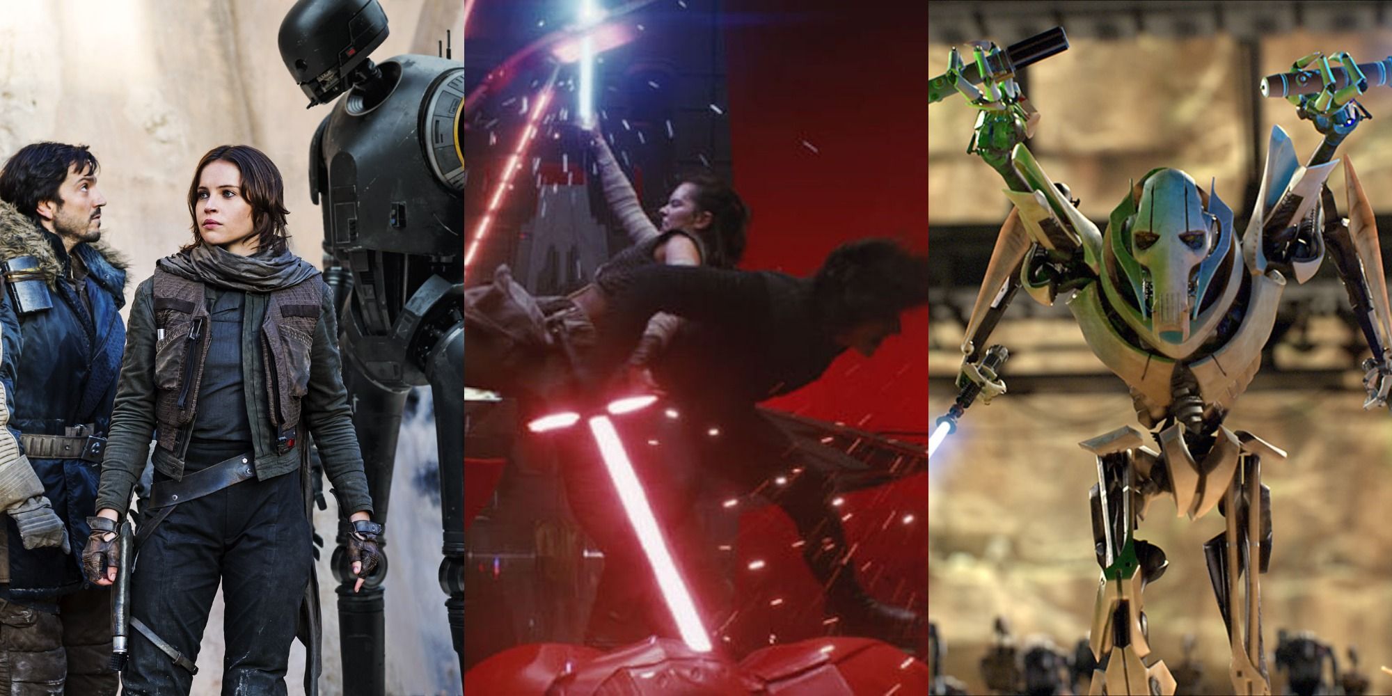 Split image of Andor, Jyn and K-2SO, Rey and Kylo fighting with lightsabers, General Grevious attacking