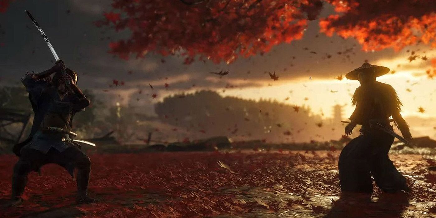 Two Samurai prepare to battle each other in an open field in Ghost of Tsushima.