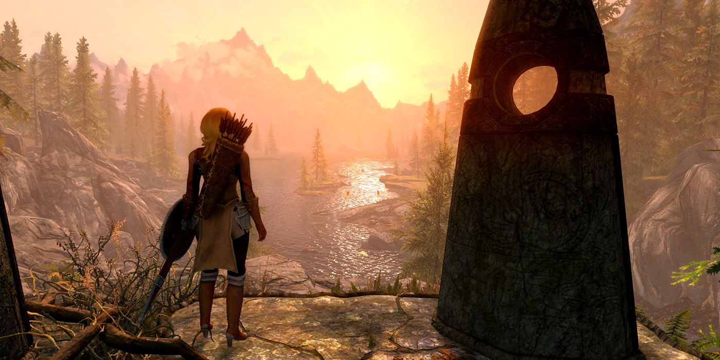 Um personagem tem vista para a paisagem em Skyrim Special Edition 