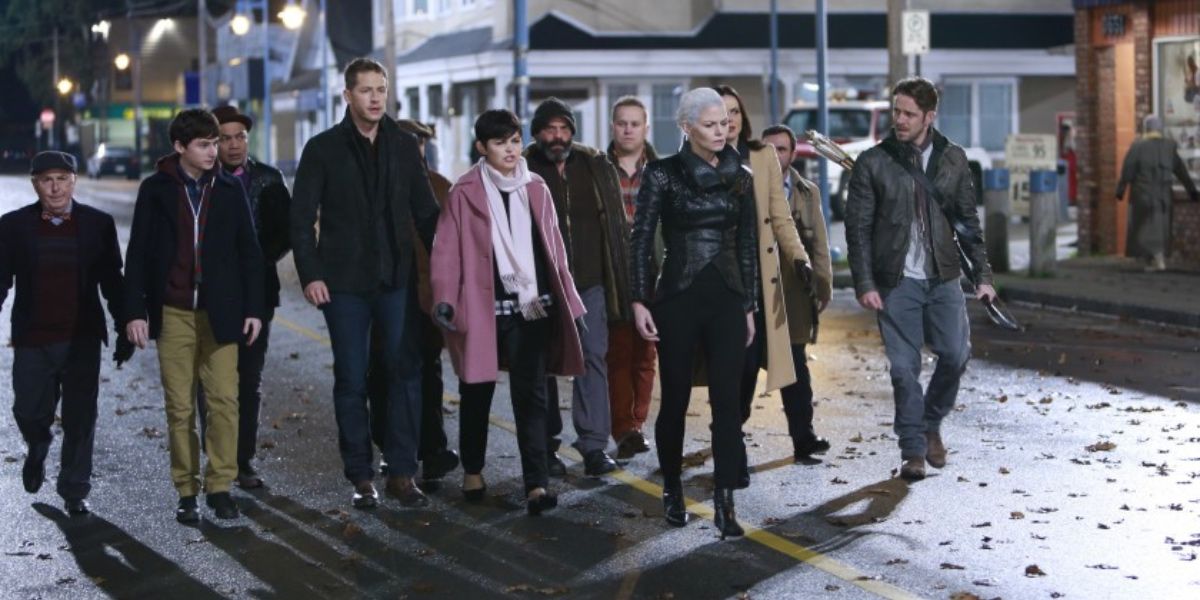 Once Upon a Time characters walking streets of Storybrooke
