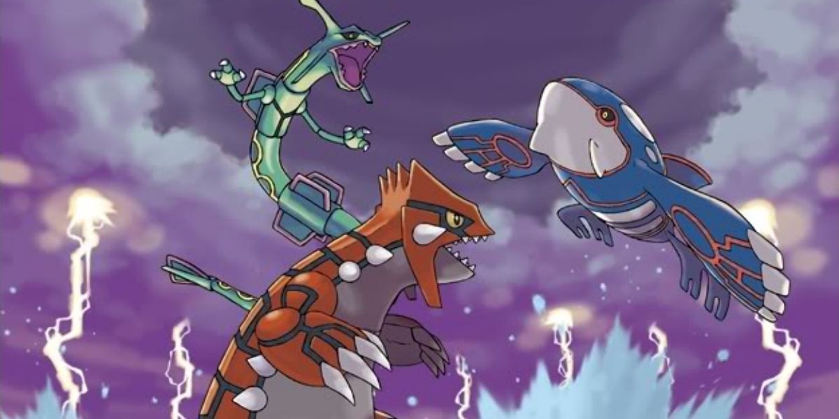 Obra de arte que representa a Groudon, Kyogre y Rayquaza.