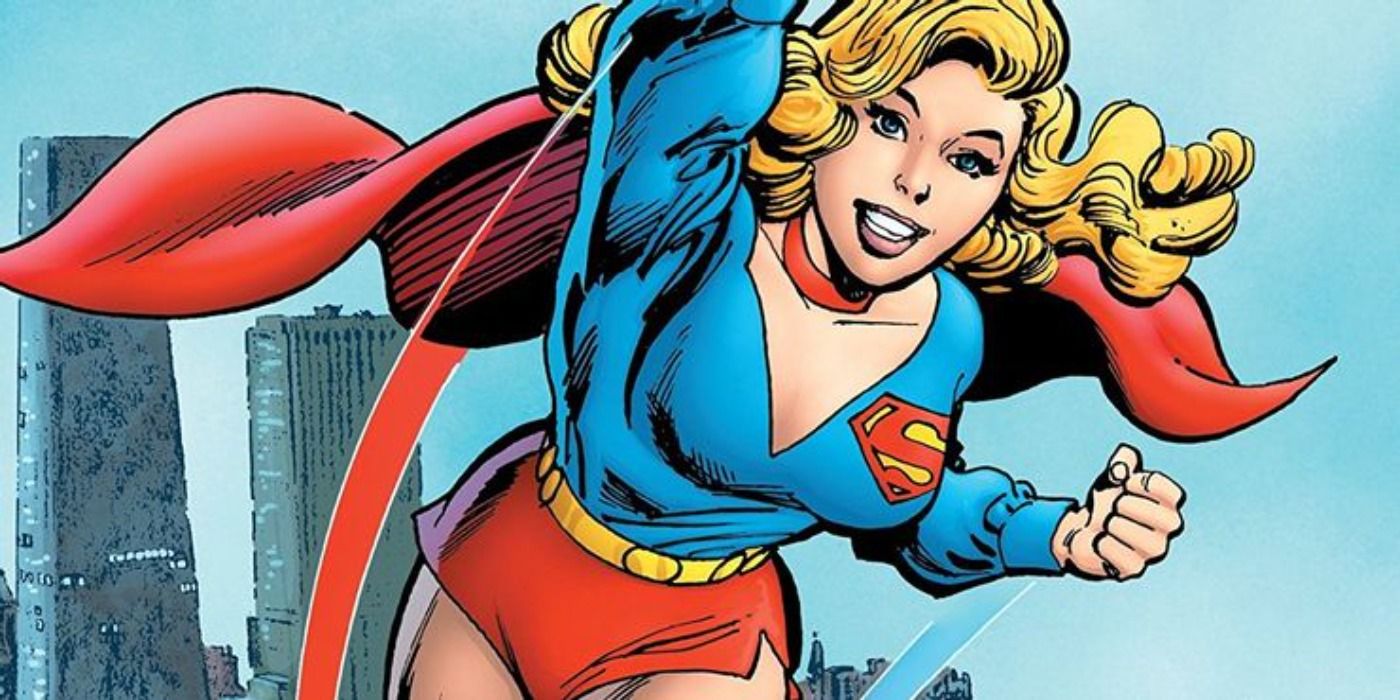 Supergirl flying in her 70s costume from DC Comics