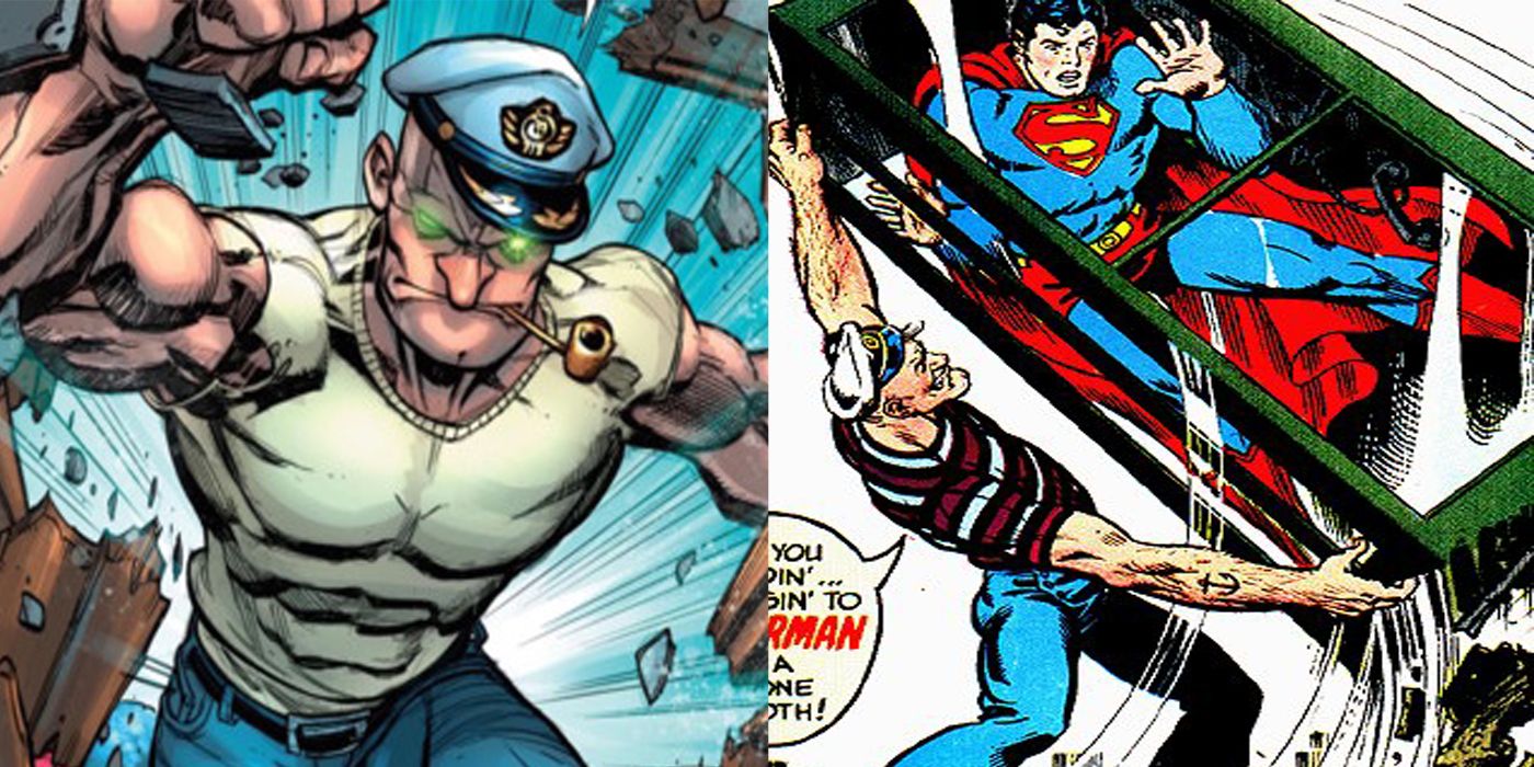 The Popeye-like Captain Strong smashes a wall and picks up Superman