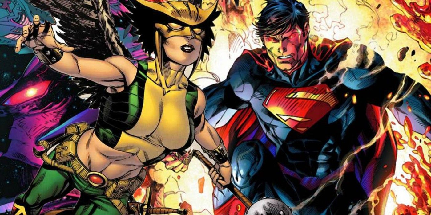 Comic art: Superman and Hawkgirl appear side by side.