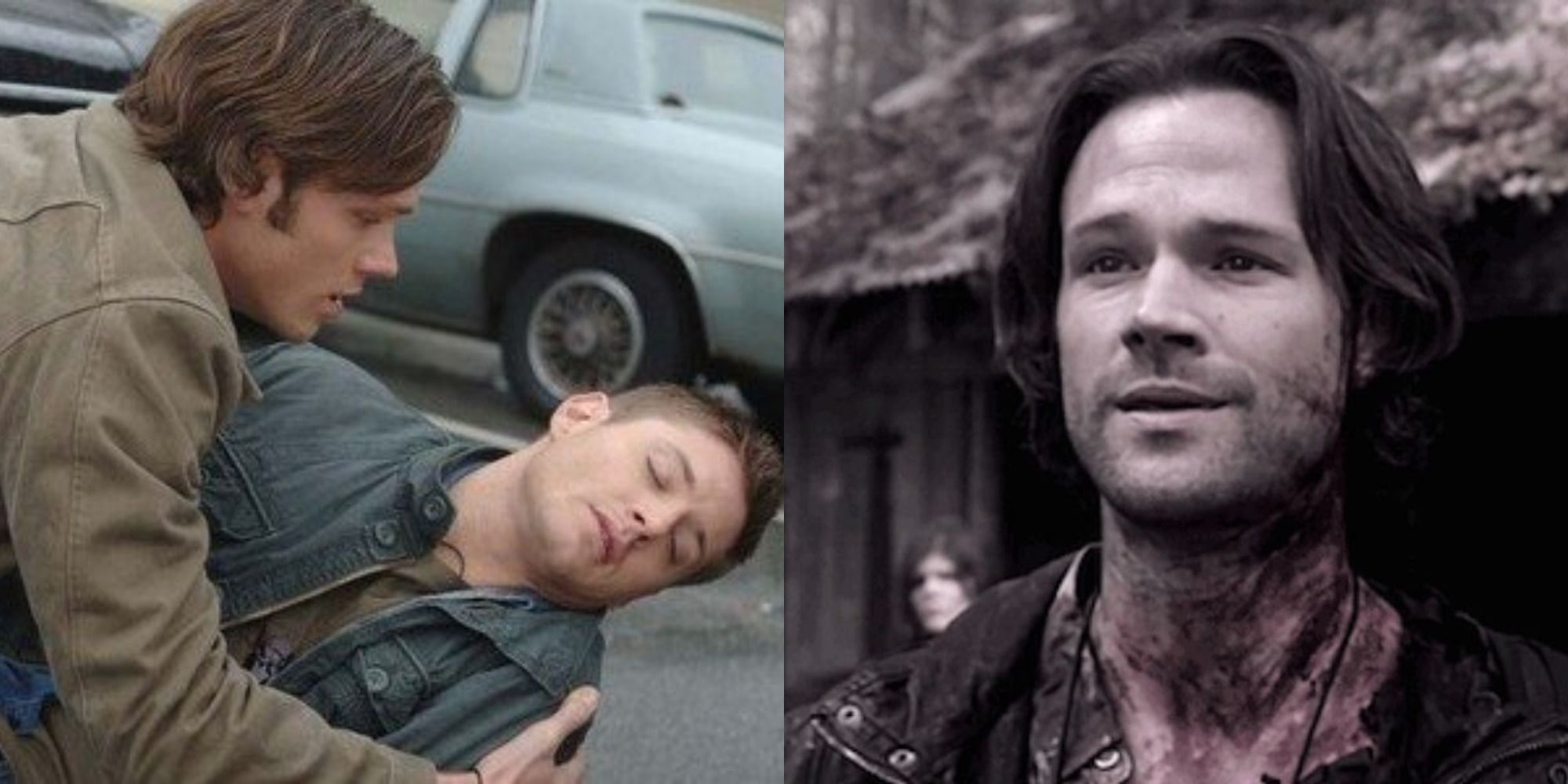 Split image depicting Sam holding Dean as he dies, and a bloody Sam looking at the distance