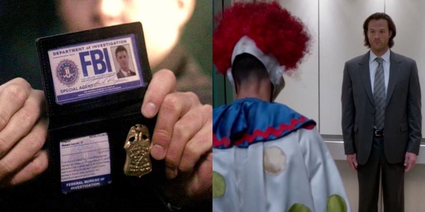 Split image of an FBI badge and Sam facing a clown in Supernatural