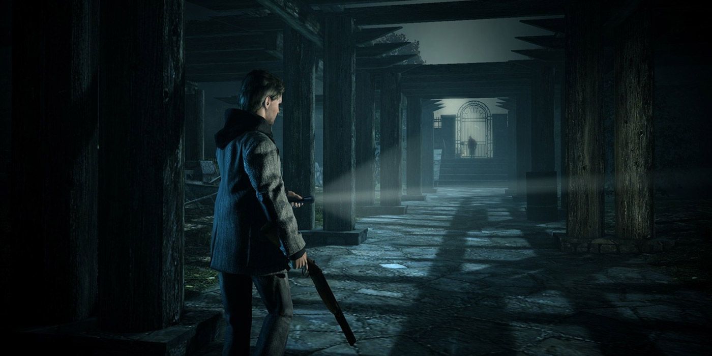 Alan Wake investigates some spooky ruins with a flash light in Alan Wake (2010)