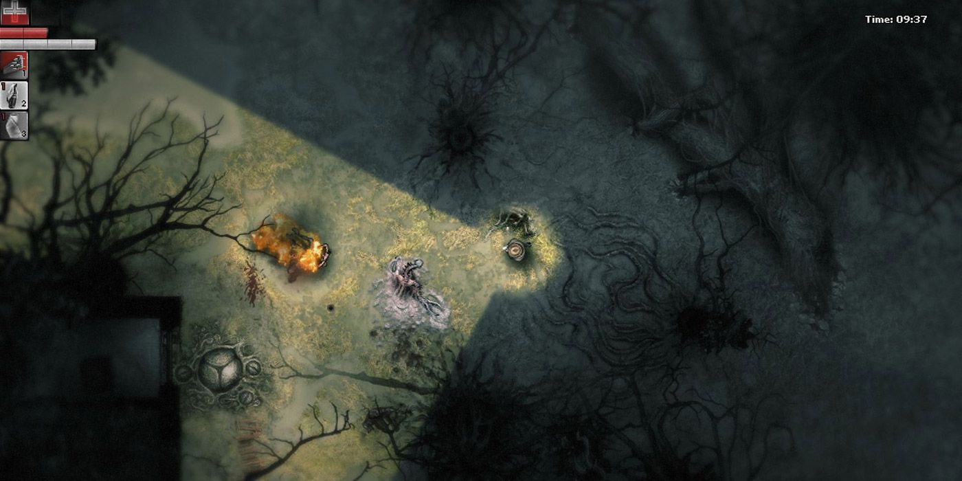 The player navigates the deadly world of Darkwood with nothing but a flashlight