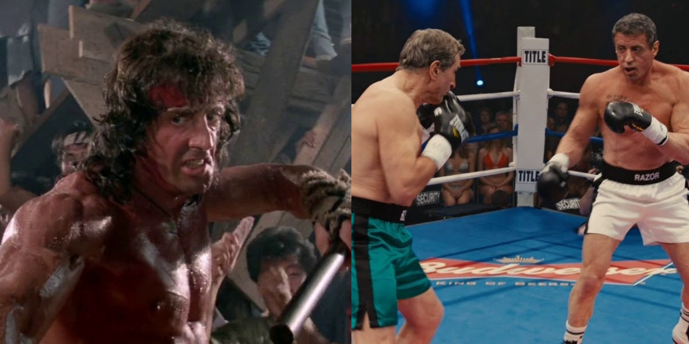 sIDE BY SIDE IMAGES OF slyvester Stallone holding a fighting stick in Rambo III and Stallone and Robert De Niro in the ring in Grudge Match