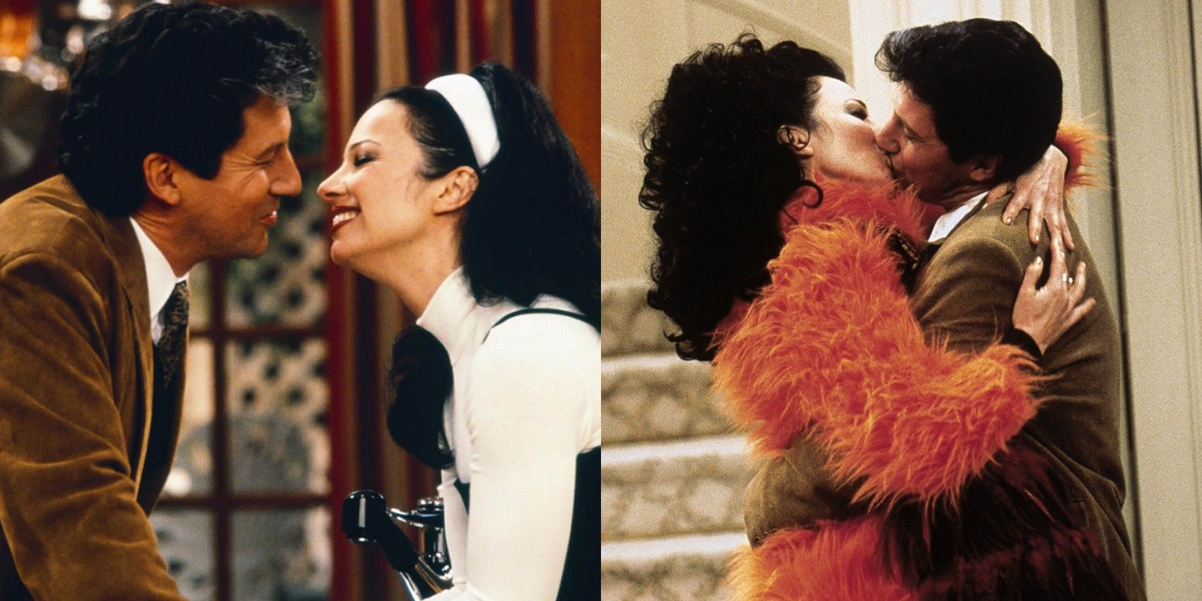 Fran Fine (Fran Drescher) and Maxwell Sheffield (Charles Shaughnessy) almost kissing; Fran and Maxwell kissing in &quot;The Nanny.&quot;