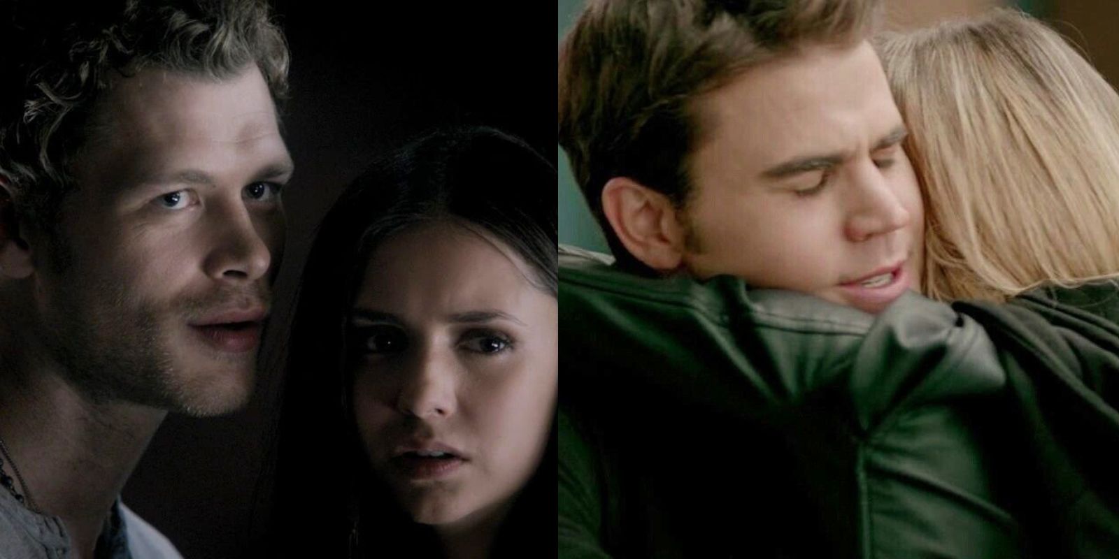 Split image of Klaus whispering in Elena's ear and Stefan hugging Lexi