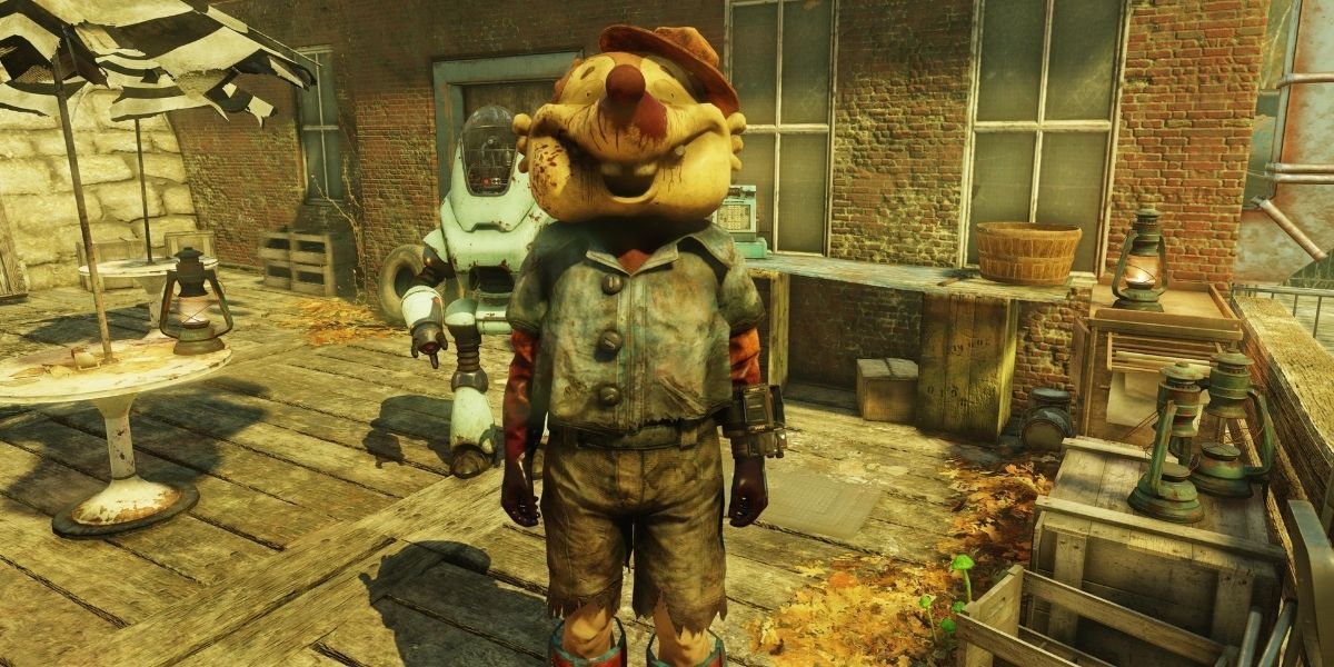 Character wearing the tattered mole head in Fallout 76