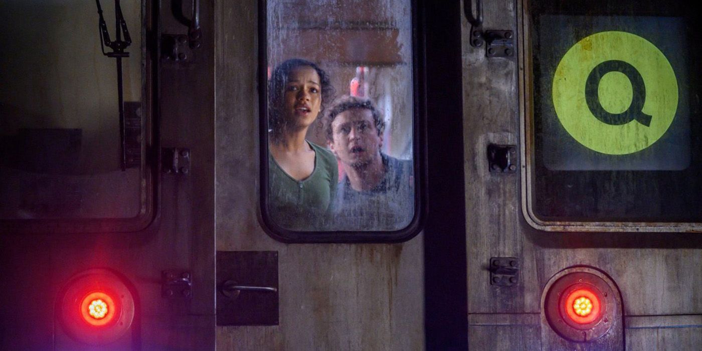 Taylor Russell and Logan Miller on a Subway in Escape Room Sequel