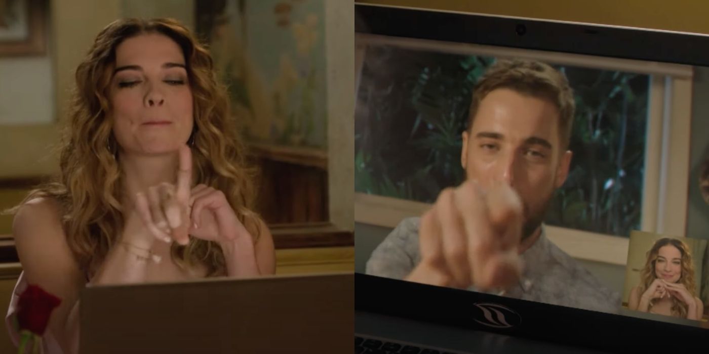 Ted and Alexis booping through the computer on Schitt's Creek