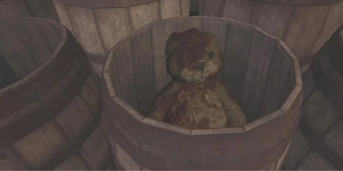 A teddy bear inside a barrel