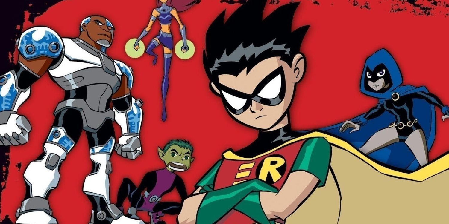 The 2003 line-up of the Teen Titans show with Robin folding his arms.