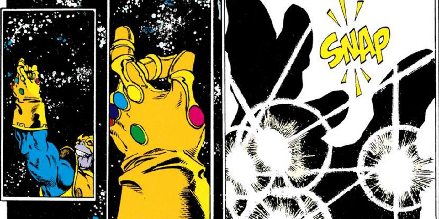 In three panels, Thanos snaps his fingers in the Marvel comic series Infinity Gauntlet.