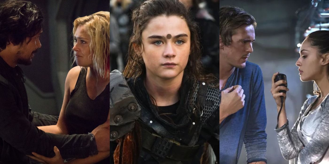 Split image of Clarke talking to Bellamy, Madi as Commandar, and Wick talking with Raven on The 100