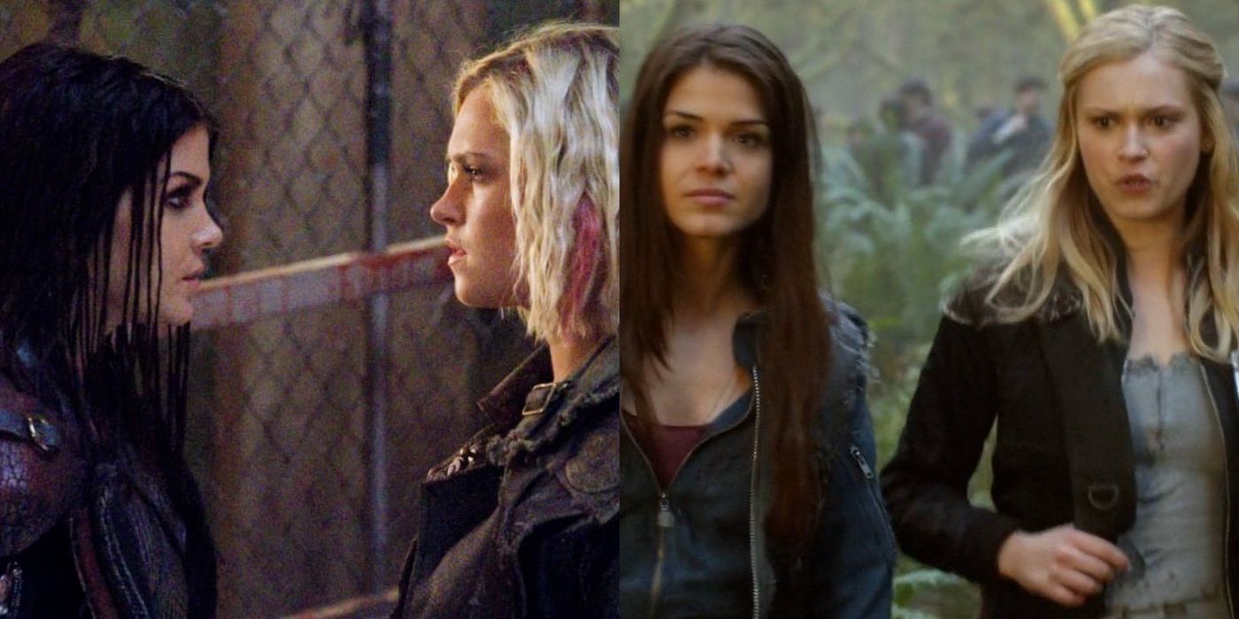 Split Image The 100 Octavia and Clarke stare each other down in the bunker during Season 5, Octavia and Clarke talk about Finn during Season 1