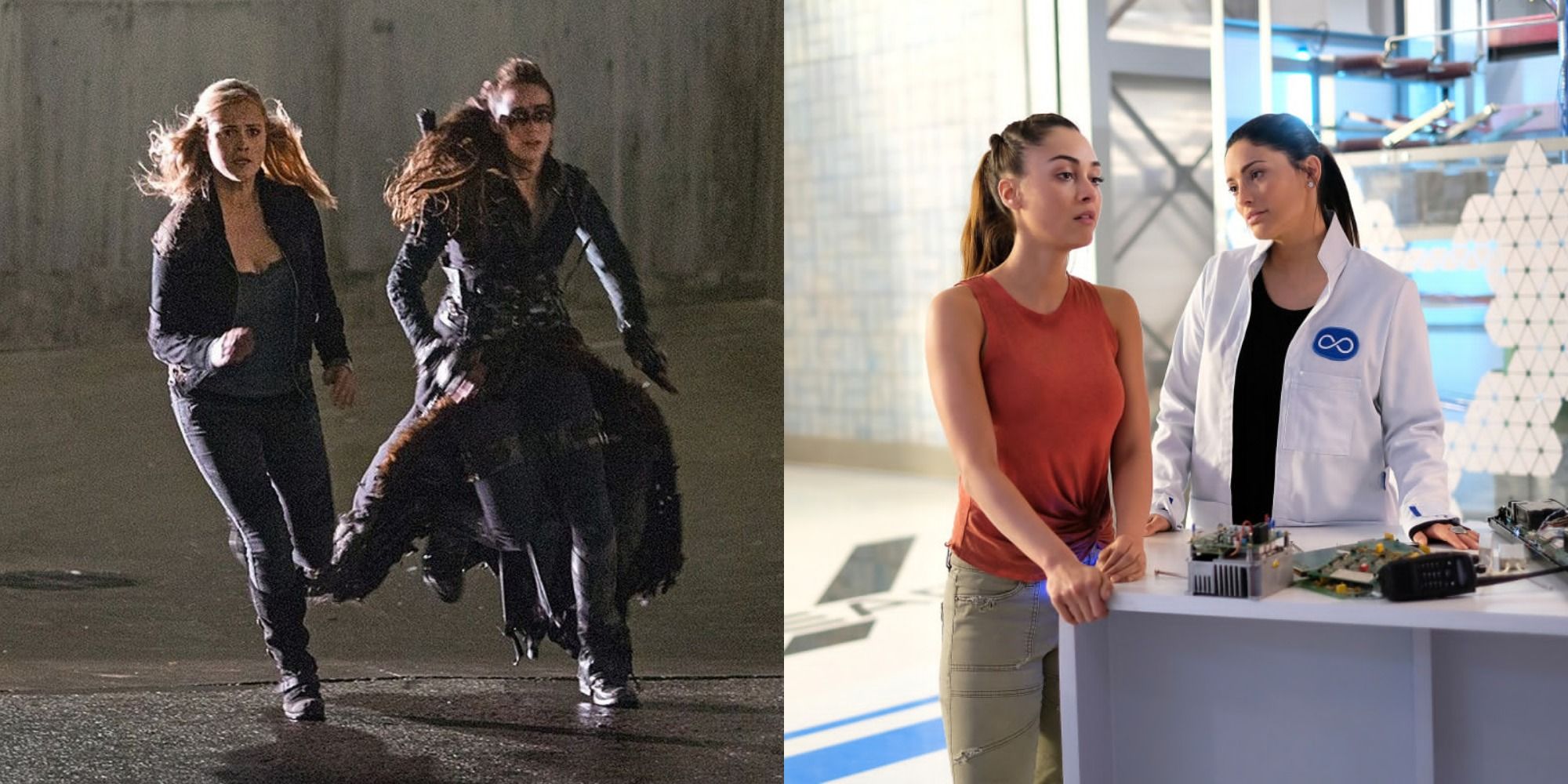 Split image of Clarke and Lexa running in the City of Light, and Becca talking to Raven in her lab in The 100