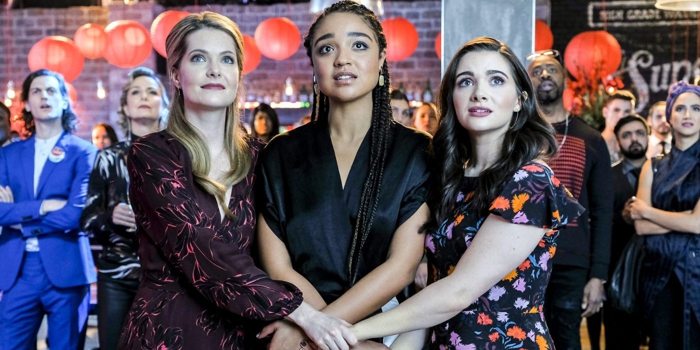 Sutton, Kat and Jane hold hands in The Bold Type