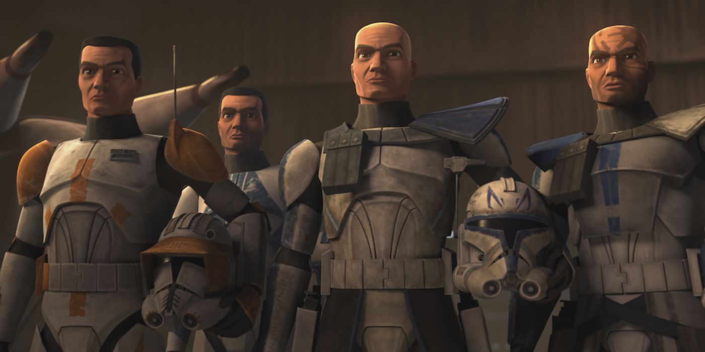 The clones standing at order in Clone Wars.