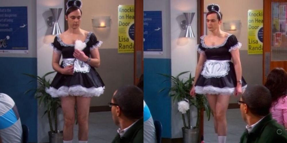 Two side by side images of Sheldon in a French maid outfit in The Big Bang Theory.
