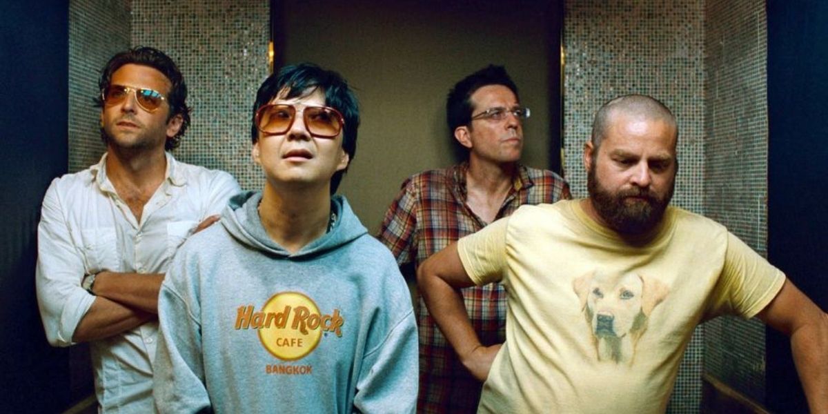 The cast of The Hangover: Part II in an elevator