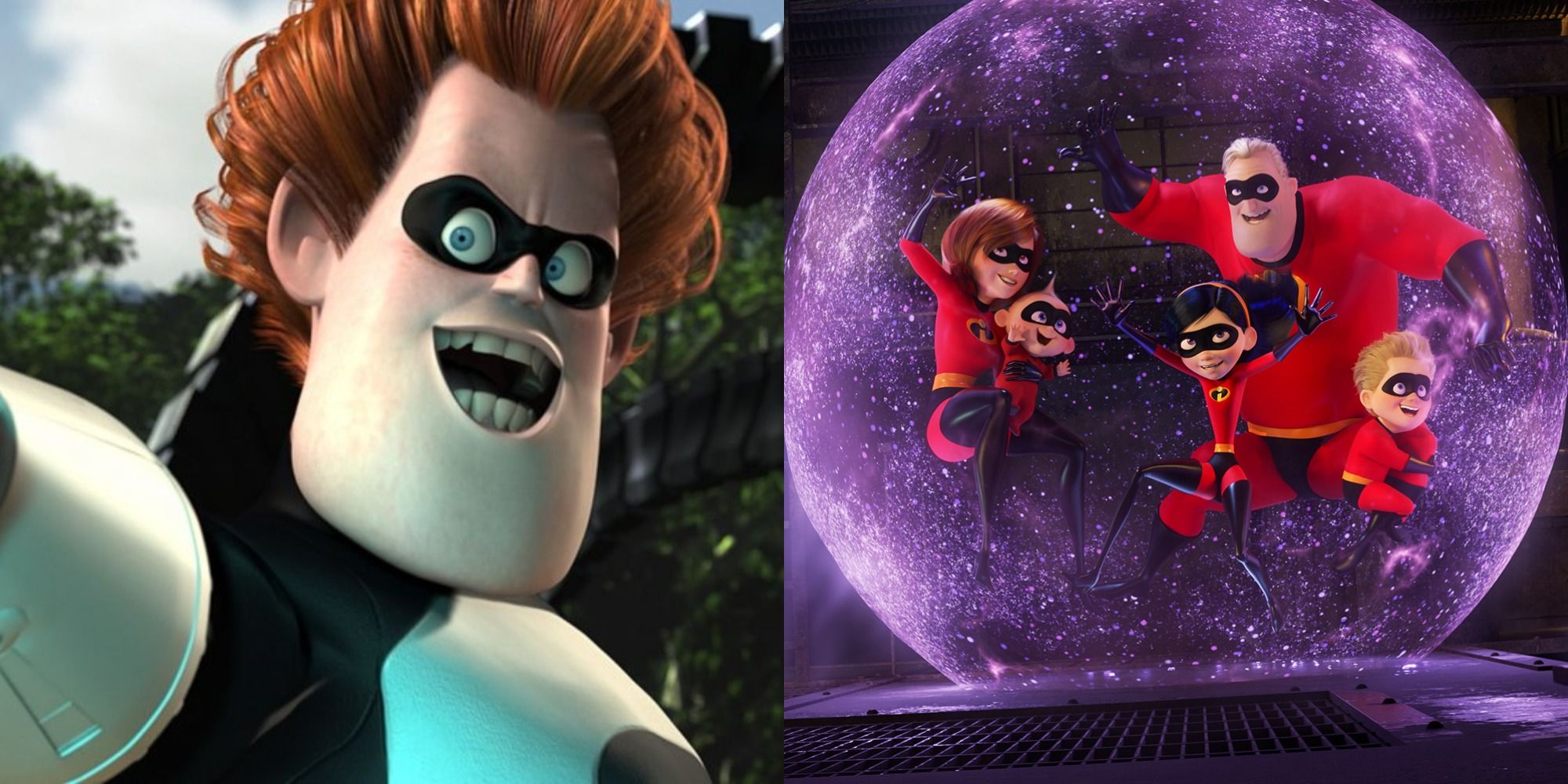Split image depicting Syndrome, and the Incredibles inside one of Violet's force fields