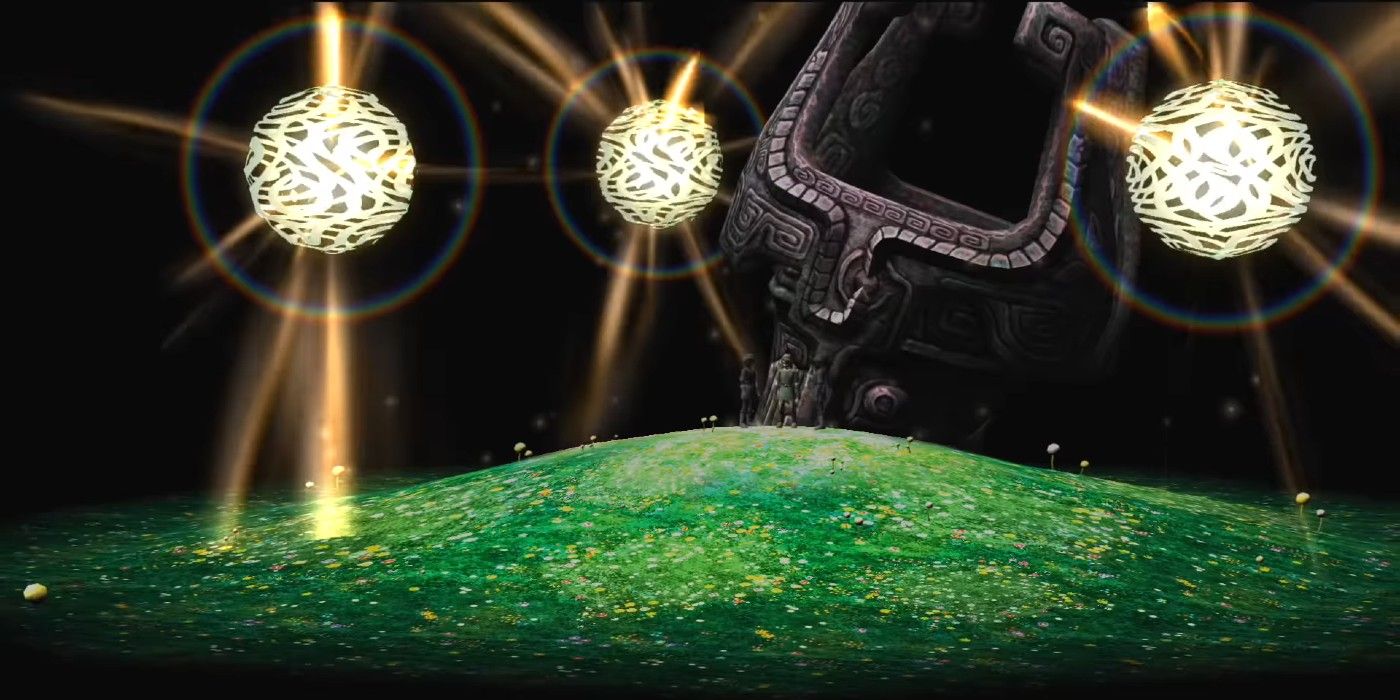 A still from a Twilight Princess cutscene, showing three glowing orbs representing the Goddesses, and the Interlopers' Fused Shadow.