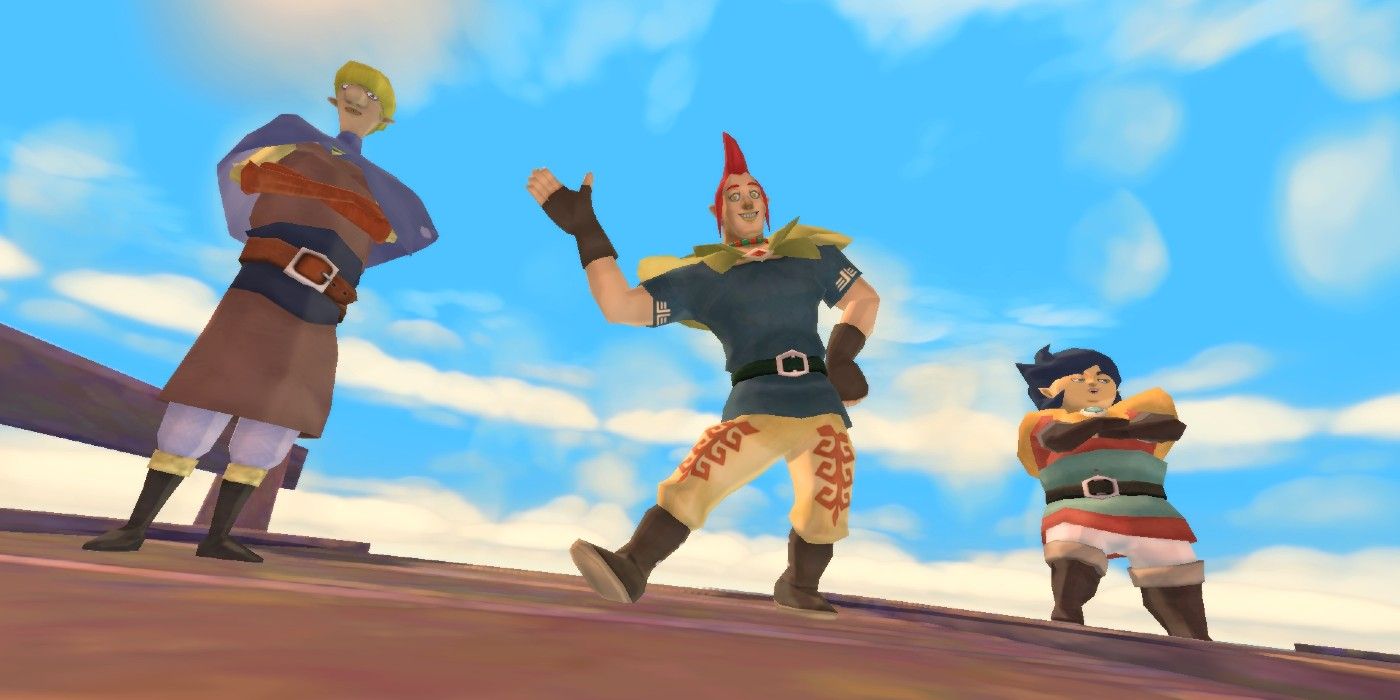 Stritch, Groose, and Cawlin standing together over the camera in Skyward Sword