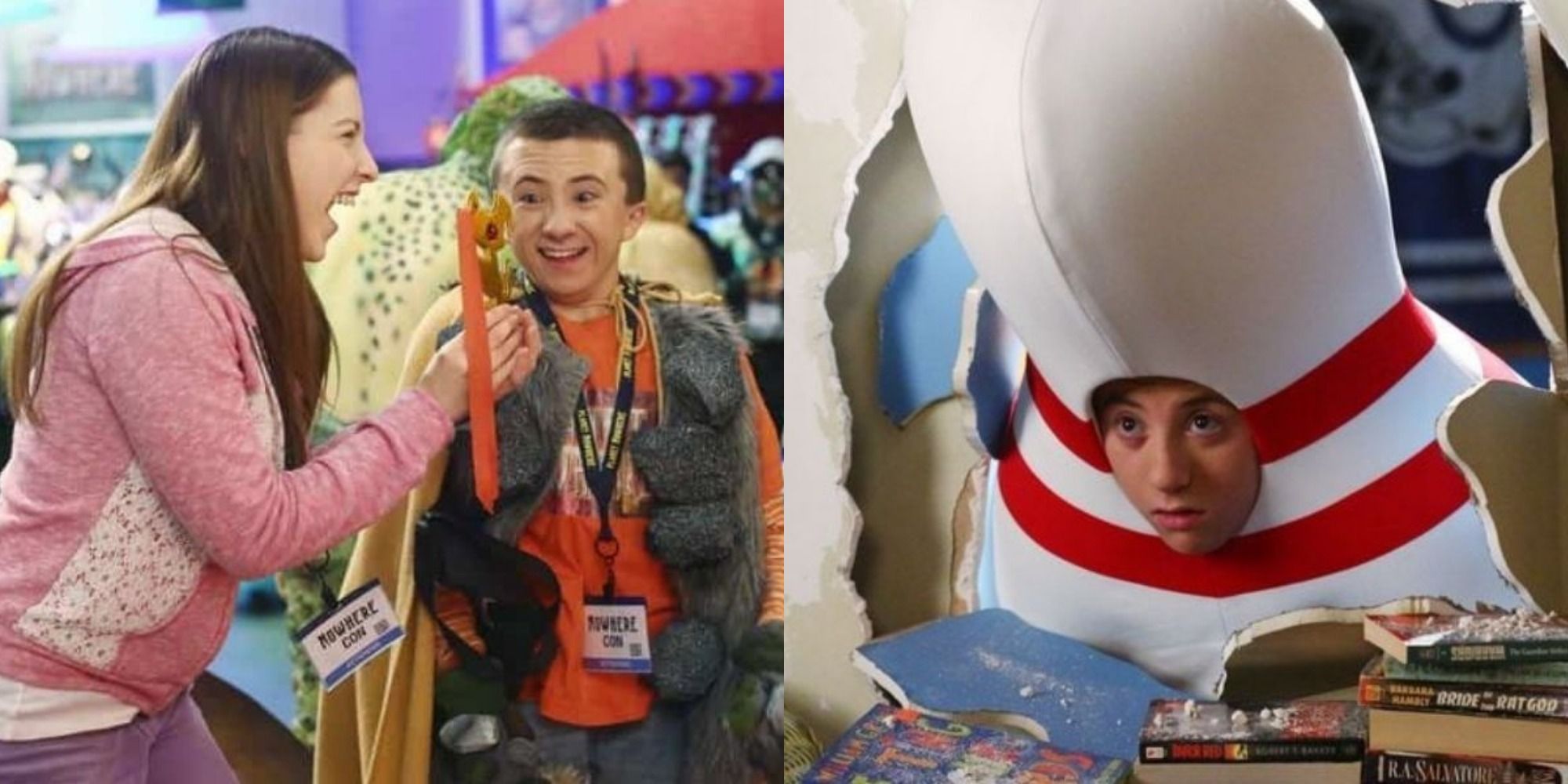 Split image of Sue and Brick at a convention/Brick coming through the wall dressed as a bowling pin