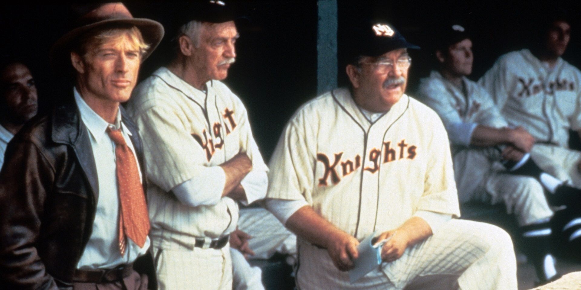 Robert Redford and Wilford Brimley in dugout in The Natural