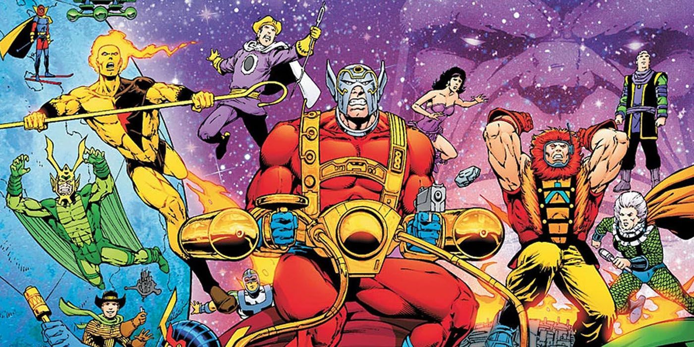 The New Gods flying into action in DC comics.