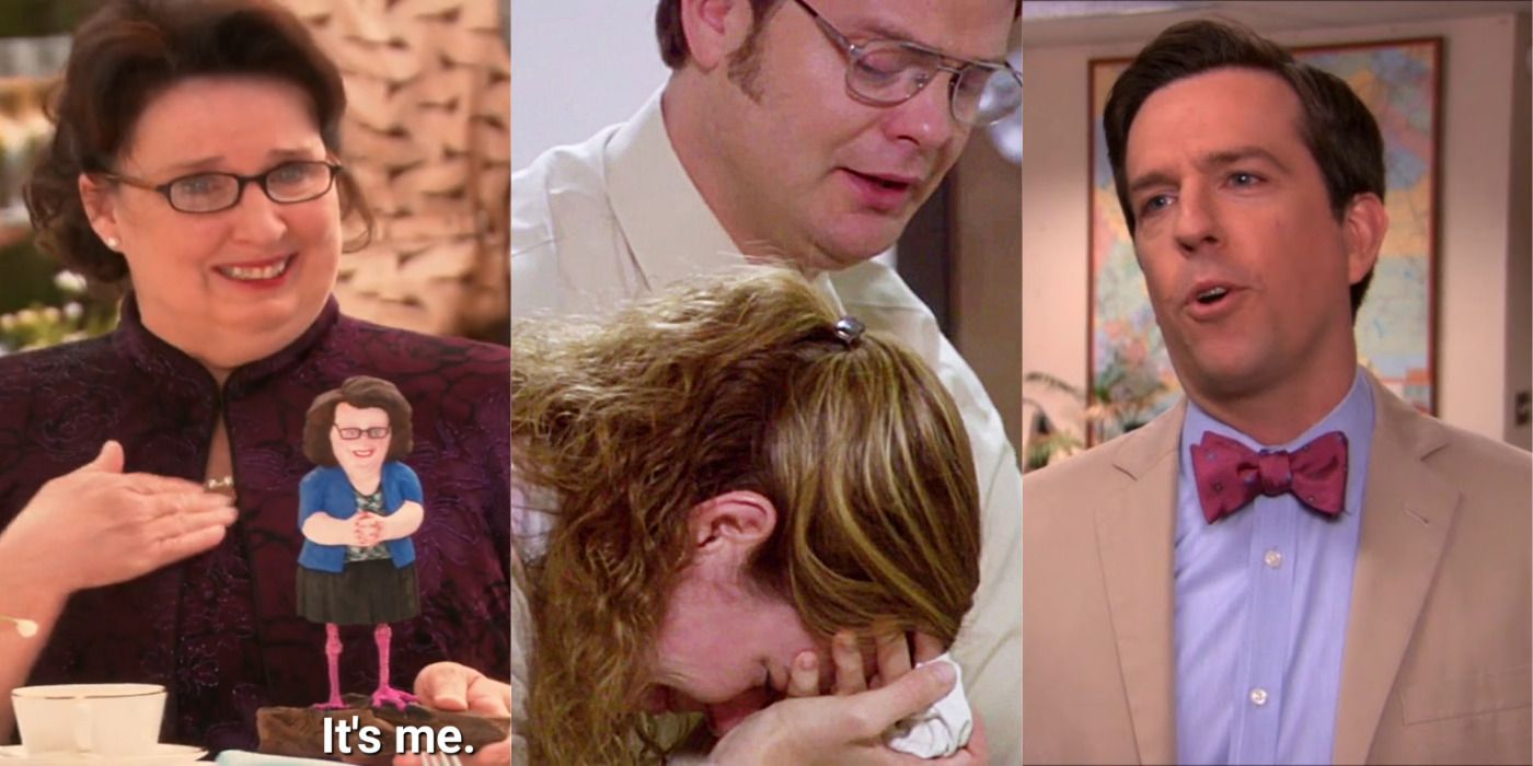 Phyllis holding a figurine of herself, Dwight holding a porcupine, and Andy talking to the camera in The Office