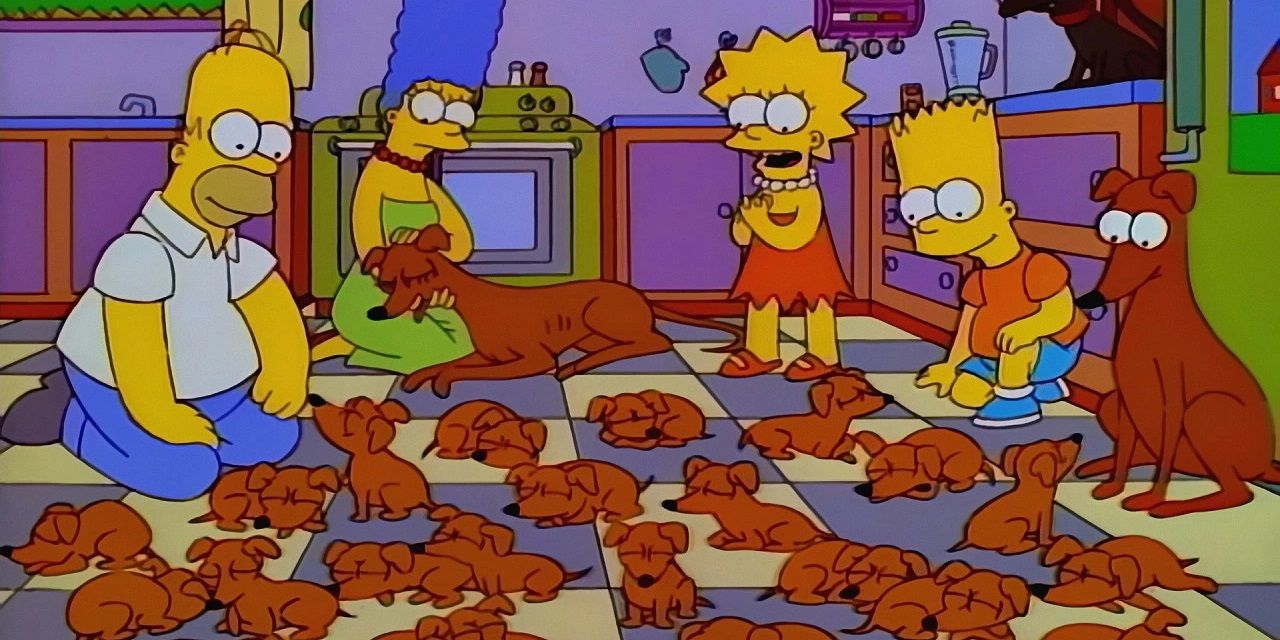 The Simpson family and Santa's Little Helper's puppies