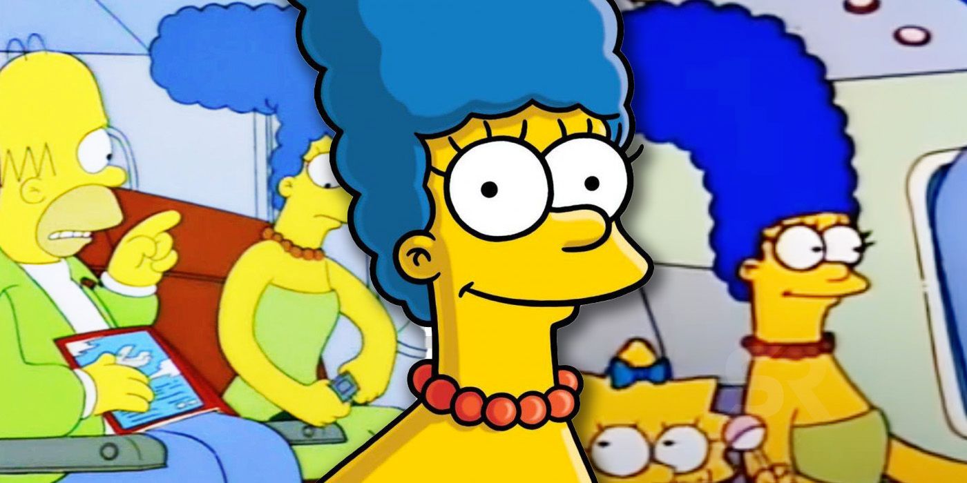 Uma colagem mostrando Marge e Homer em um avião em Os Simpsons.