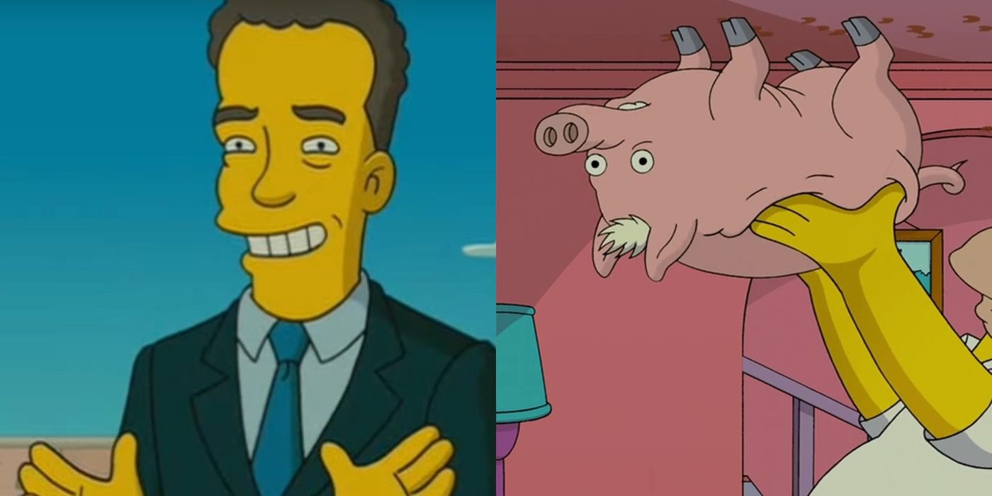 Tom Hanks smiling in The Simpsons Movie/Homer holding Spider-Pig up to the ceiling